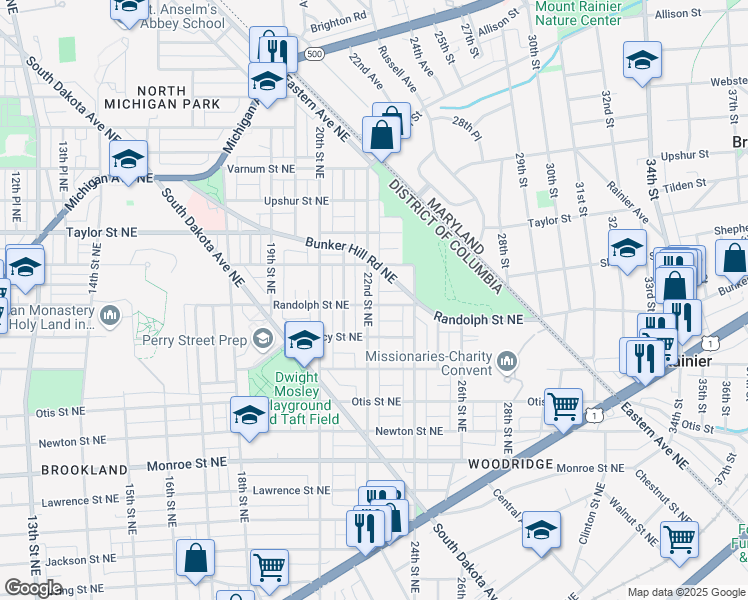 map of restaurants, bars, coffee shops, grocery stores, and more near 4001 22nd Street Northeast in Washington