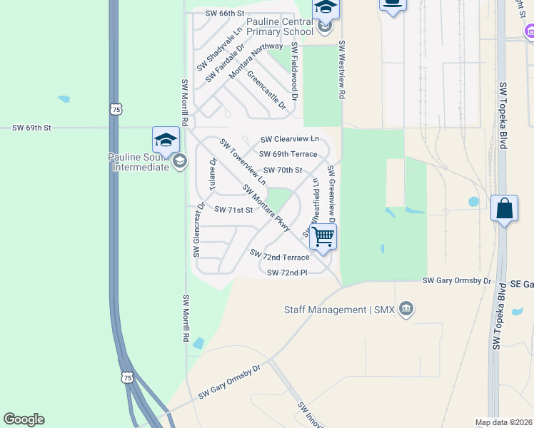 map of restaurants, bars, coffee shops, grocery stores, and more near 7105 Southwest Montara Parkway in Topeka