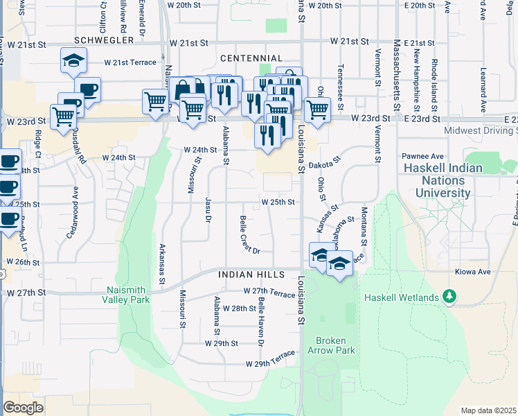 map of restaurants, bars, coffee shops, grocery stores, and more near 703 West 25th Street in Lawrence