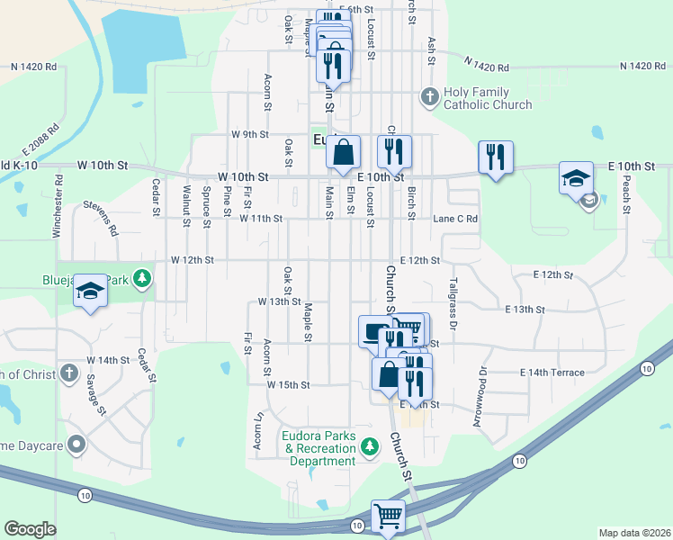 map of restaurants, bars, coffee shops, grocery stores, and more near 1202 Main Street in Eudora