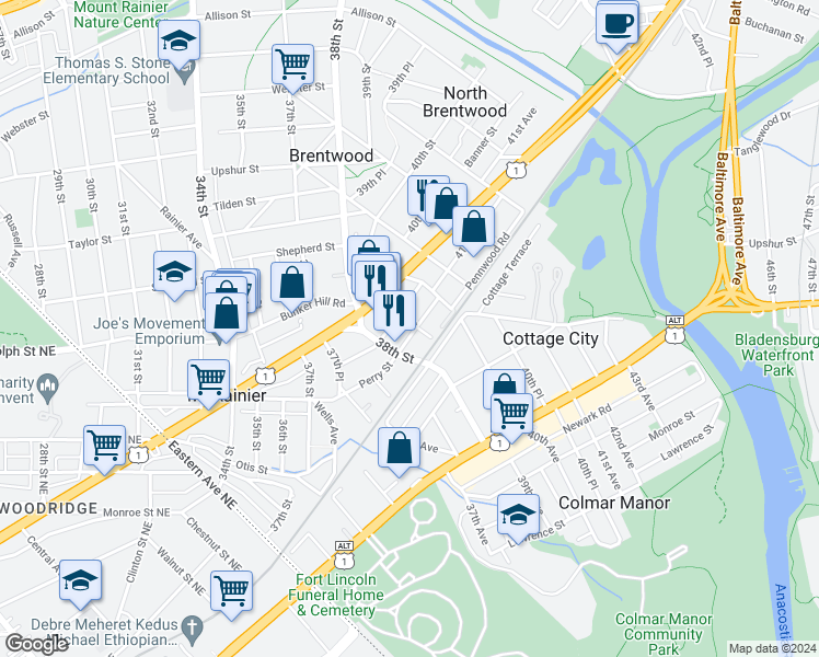map of restaurants, bars, coffee shops, grocery stores, and more near 3806 39th Street in Brentwood