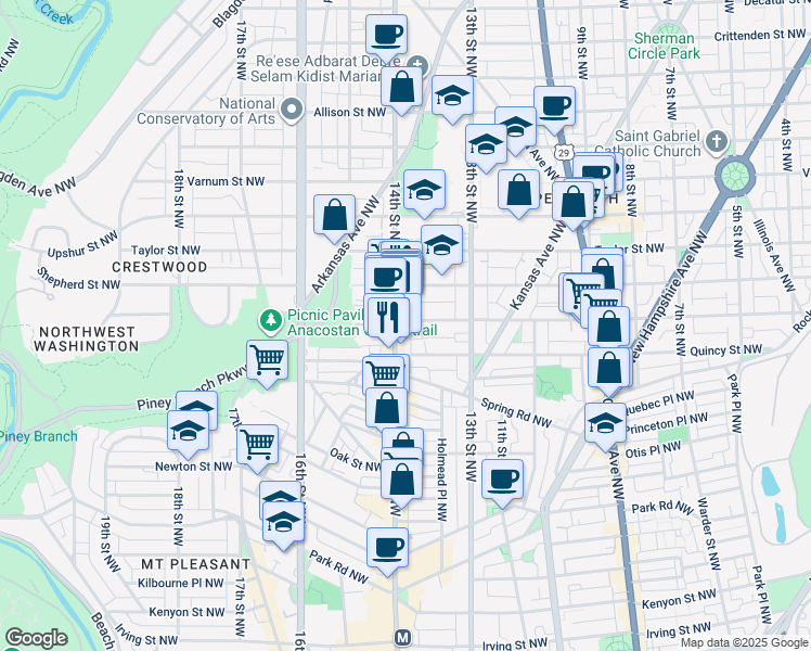map of restaurants, bars, coffee shops, grocery stores, and more near 1372 Randolph Street Northwest in Washington