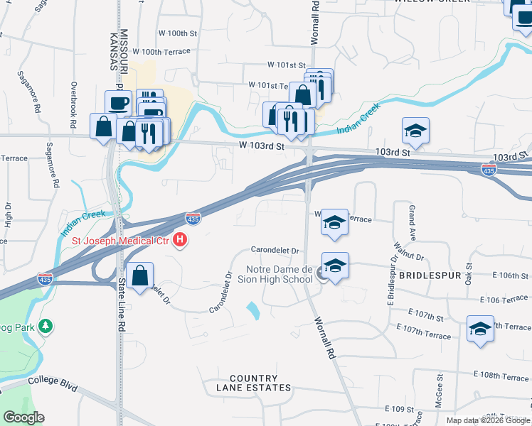 map of restaurants, bars, coffee shops, grocery stores, and more near 435 West 104th Street in Kansas City