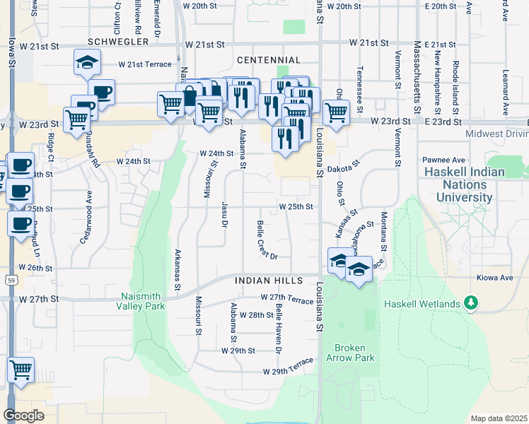 map of restaurants, bars, coffee shops, grocery stores, and more near 803 West 25th Street in Lawrence
