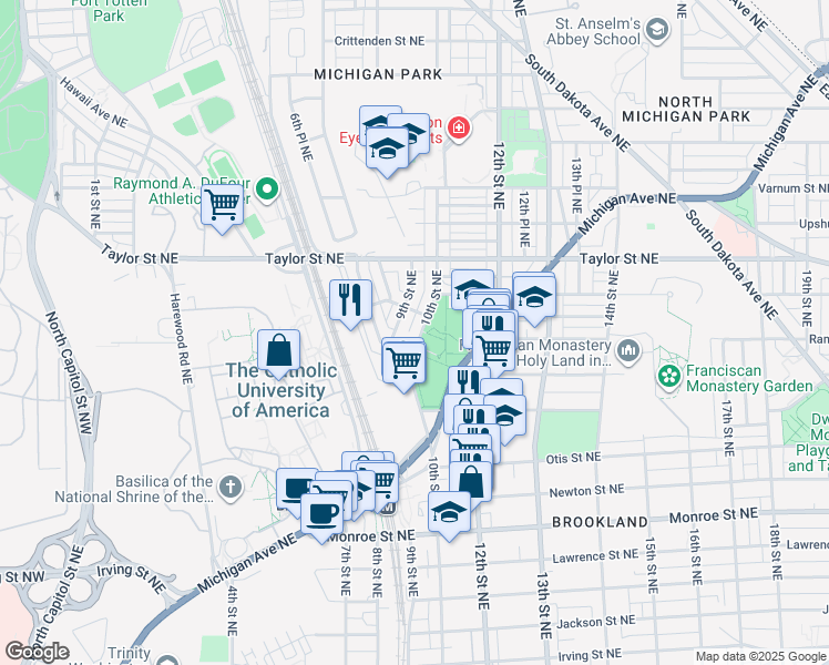 map of restaurants, bars, coffee shops, grocery stores, and more near 3918 10th Street Northeast in Washington