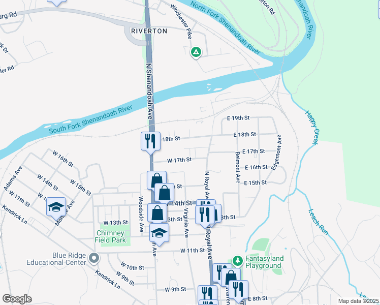 map of restaurants, bars, coffee shops, grocery stores, and more near 31 West 17th Street in Front Royal