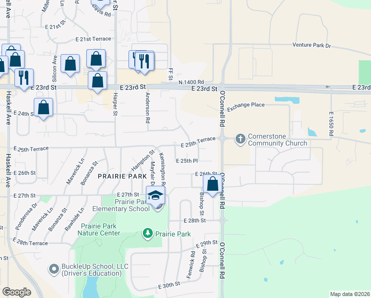 map of restaurants, bars, coffee shops, grocery stores, and more near 2501 Dover Ct in Lawrence