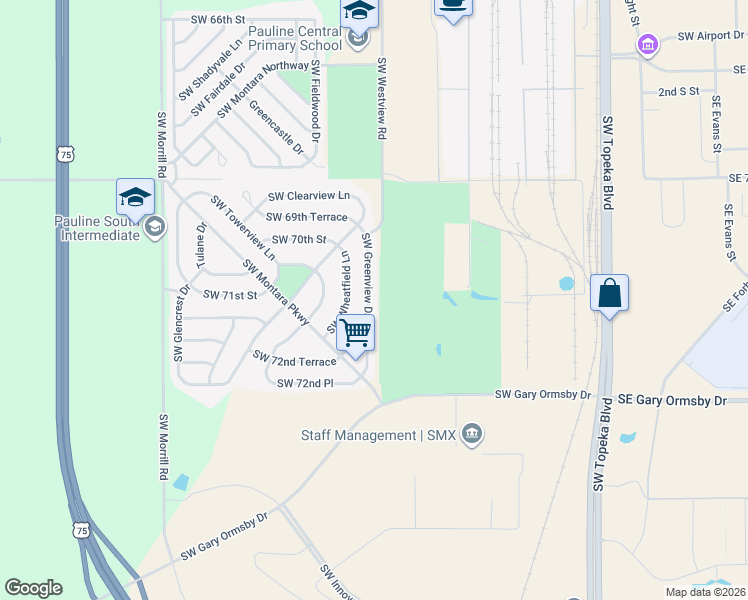 map of restaurants, bars, coffee shops, grocery stores, and more near 7100 Southwest Greenview Drive in Topeka