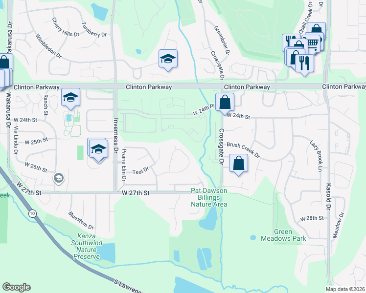 map of restaurants, bars, coffee shops, grocery stores, and more near 4133 Blackjack Oak Drive in Lawrence