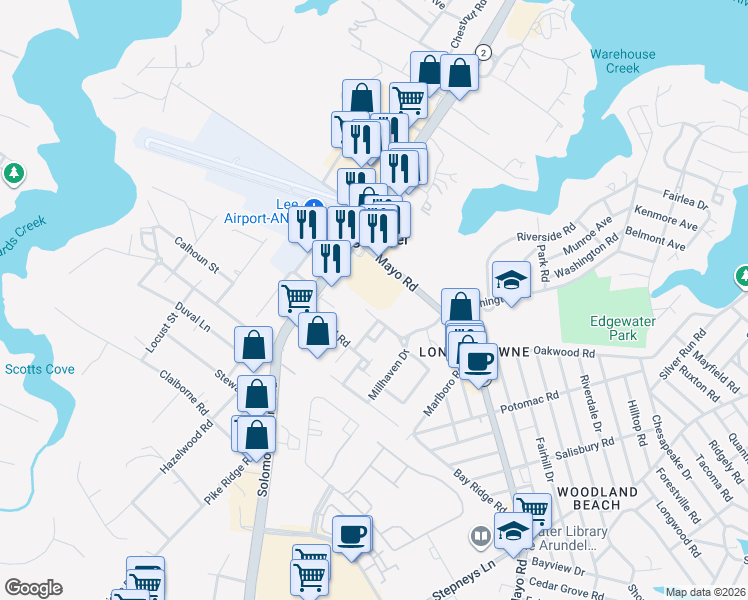 map of restaurants, bars, coffee shops, grocery stores, and more near 2 South River Crossing Way in Edgewater