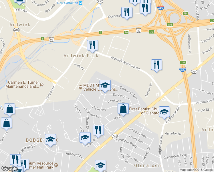 map of restaurants, bars, coffee shops, grocery stores, and more near 7703 Glenarden Parkway in Glenarden