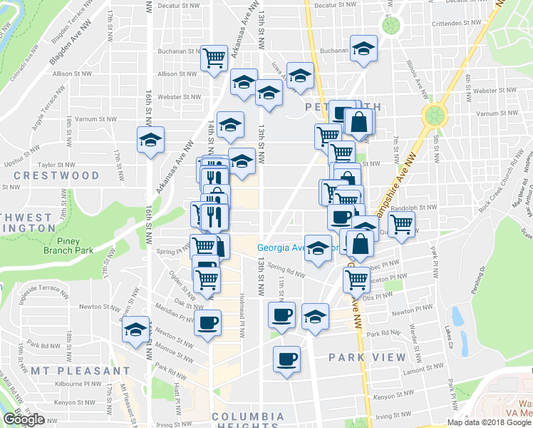 map of restaurants, bars, coffee shops, grocery stores, and more near 3831 13th Street Northwest in Washington