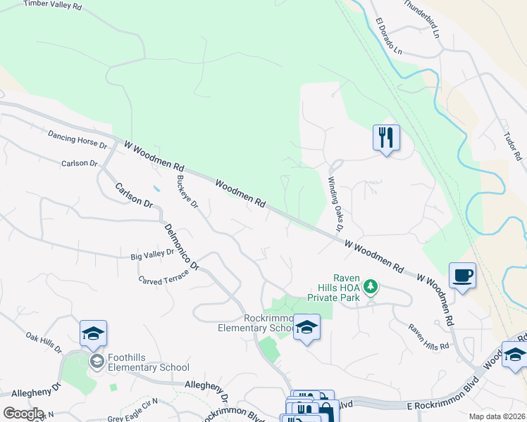 map of restaurants, bars, coffee shops, grocery stores, and more near 425 West Woodmen Road in Colorado Springs