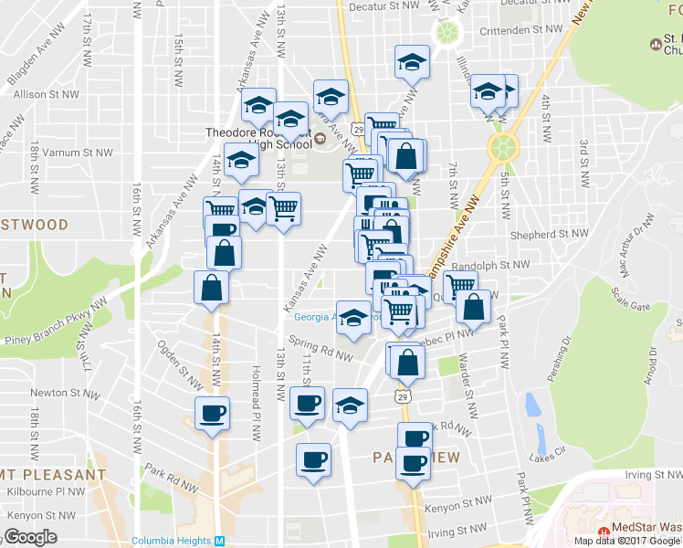 map of restaurants, bars, coffee shops, grocery stores, and more near 3829 10th St NW in Washington