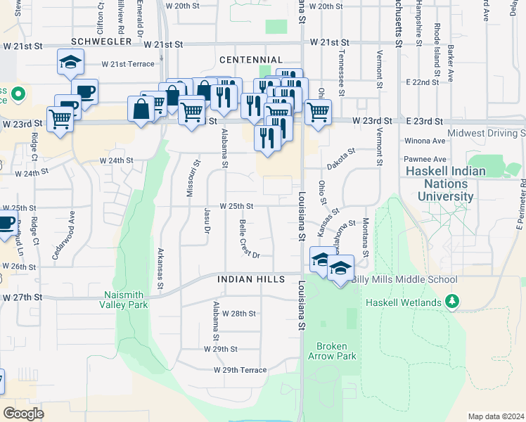 map of restaurants, bars, coffee shops, grocery stores, and more near 703 West 25th Street in Lawrence