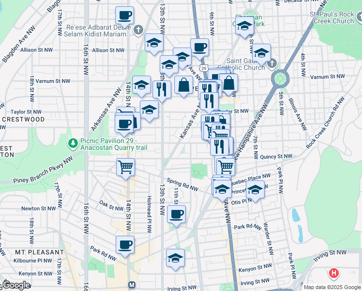 map of restaurants, bars, coffee shops, grocery stores, and more near 3831 Kansas Avenue Northwest in Washington