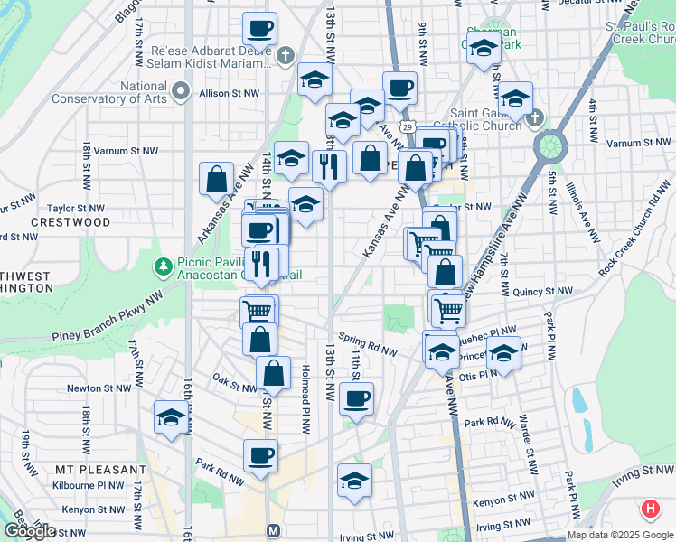 map of restaurants, bars, coffee shops, grocery stores, and more near 3831 13th Street Northwest in Washington