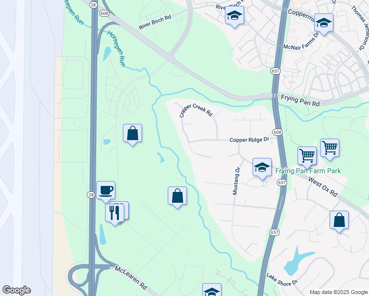 map of restaurants, bars, coffee shops, grocery stores, and more near 2748 Copper Creek Road in Herndon