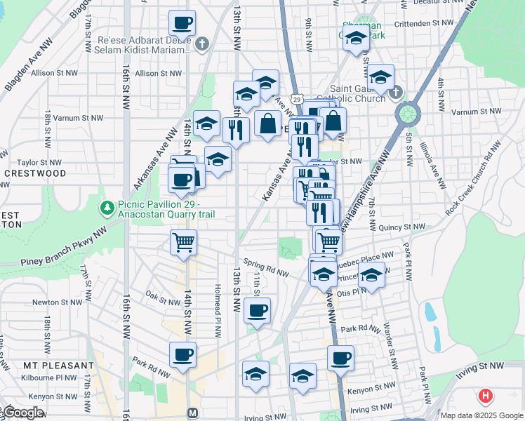 map of restaurants, bars, coffee shops, grocery stores, and more near 3831 Kansas Avenue Northwest in Washington