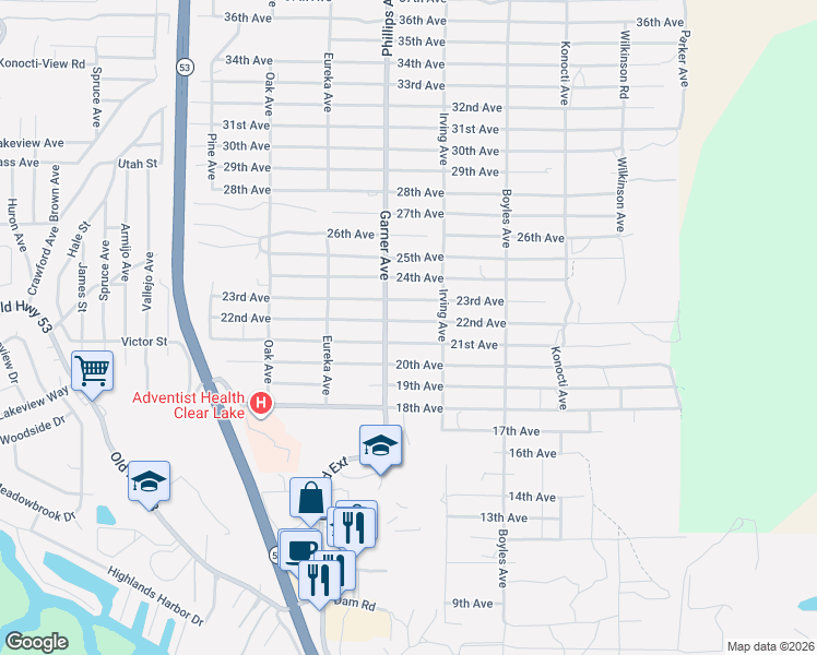 map of restaurants, bars, coffee shops, grocery stores, and more near 15943 22nd Avenue in Clearlake