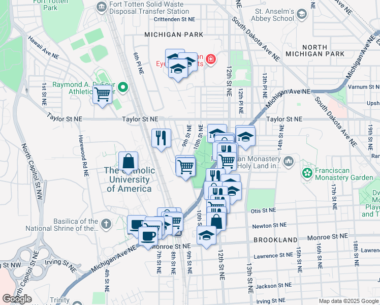 map of restaurants, bars, coffee shops, grocery stores, and more near 3918 10th Street Northeast in Washington