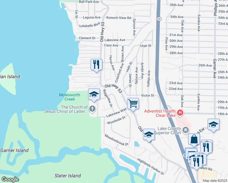 map of restaurants, bars, coffee shops, grocery stores, and more near 6192 Lakeside Court in Clearlake
