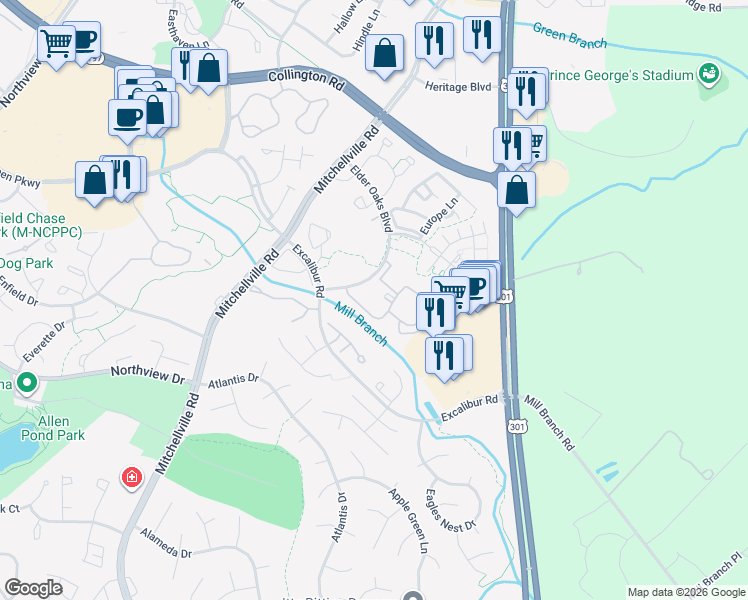 map of restaurants, bars, coffee shops, grocery stores, and more near 3631 Elder Oaks Boulevard in Bowie