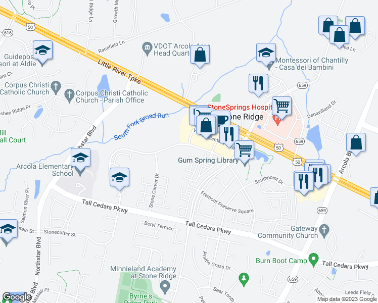map of restaurants, bars, coffee shops, grocery stores, and more near 24481 Amherst Forest Terrace in Aldie