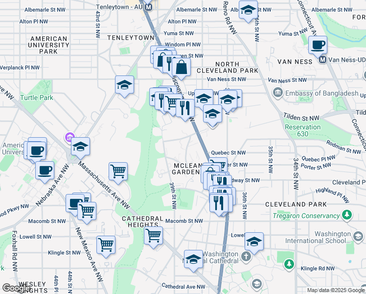 map of restaurants, bars, coffee shops, grocery stores, and more near 3660 38th Street Northwest in Washington