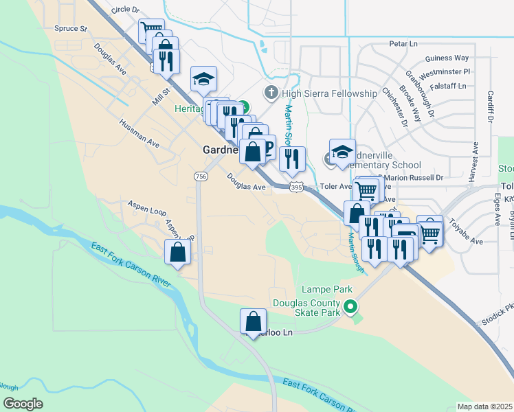 map of restaurants, bars, coffee shops, grocery stores, and more near 1386 Meadow Lane in Gardnerville