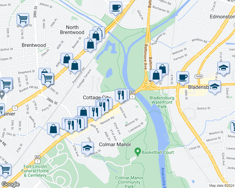 map of restaurants, bars, coffee shops, grocery stores, and more near 4303 Bunker Hill Road in Brentwood