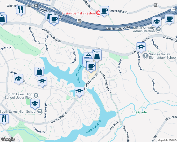 map of restaurants, bars, coffee shops, grocery stores, and more near 11160 South Lakes Drive in Reston
