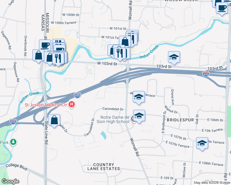 map of restaurants, bars, coffee shops, grocery stores, and more near 435 West 104th Street in Kansas City
