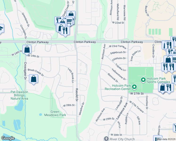 map of restaurants, bars, coffee shops, grocery stores, and more near 2404 Yosemite Dr in Lawrence