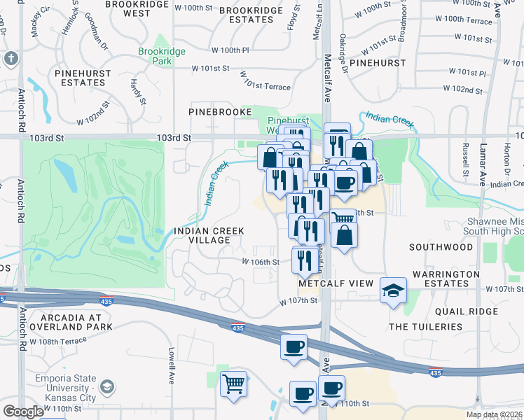 map of restaurants, bars, coffee shops, grocery stores, and more near 10476-10498 Marty Street in Overland Park