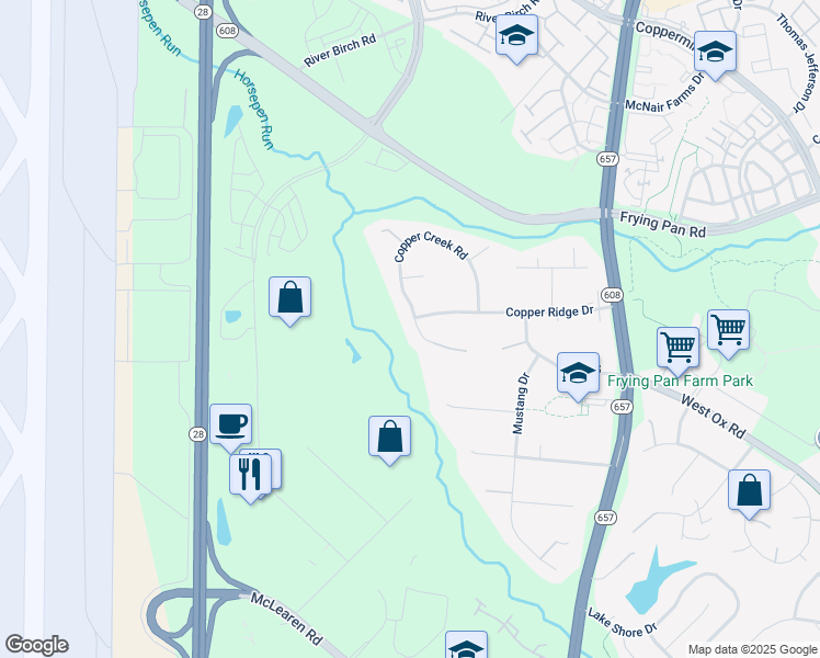 map of restaurants, bars, coffee shops, grocery stores, and more near 2748 Copper Creek Road in Herndon
