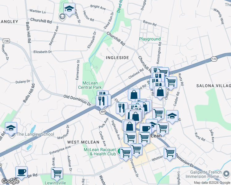 map of restaurants, bars, coffee shops, grocery stores, and more near 1434 Dolley Madison Boulevard in McLean