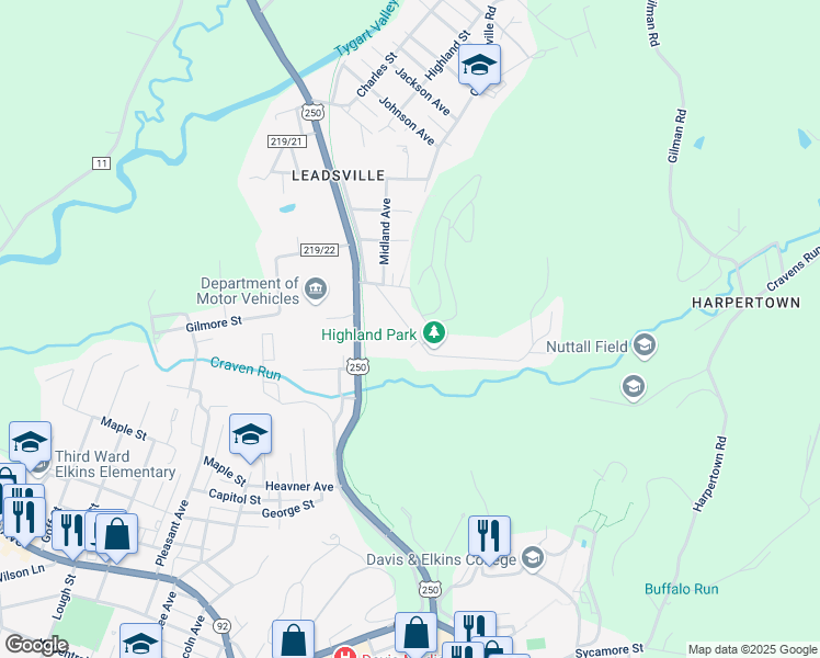 map of restaurants, bars, coffee shops, grocery stores, and more near 100 Bruce Street in Elkins