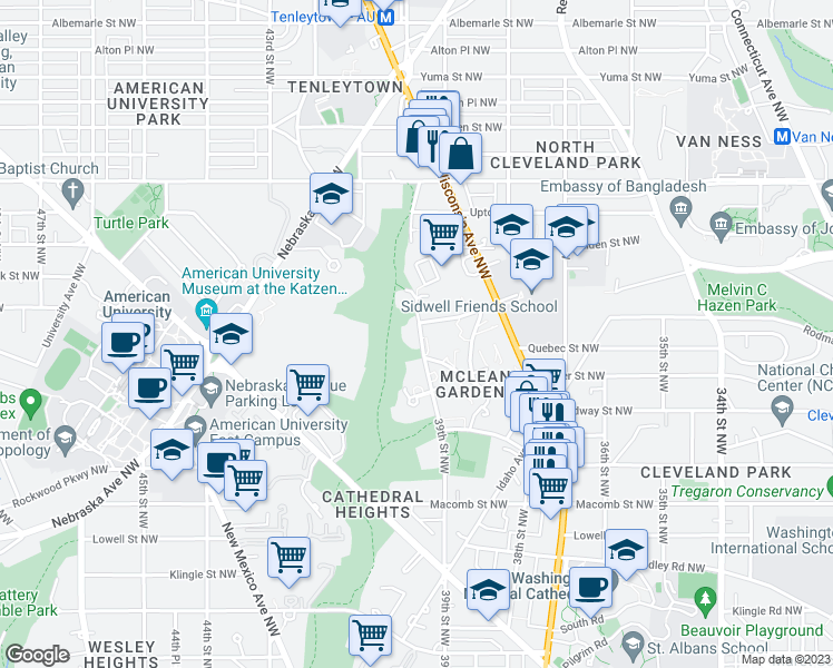 map of restaurants, bars, coffee shops, grocery stores, and more near 3750 39th Street Northwest in Washington