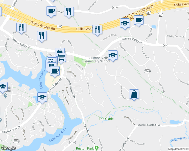 map of restaurants, bars, coffee shops, grocery stores, and more near 10929 Harpers Square Court in Reston