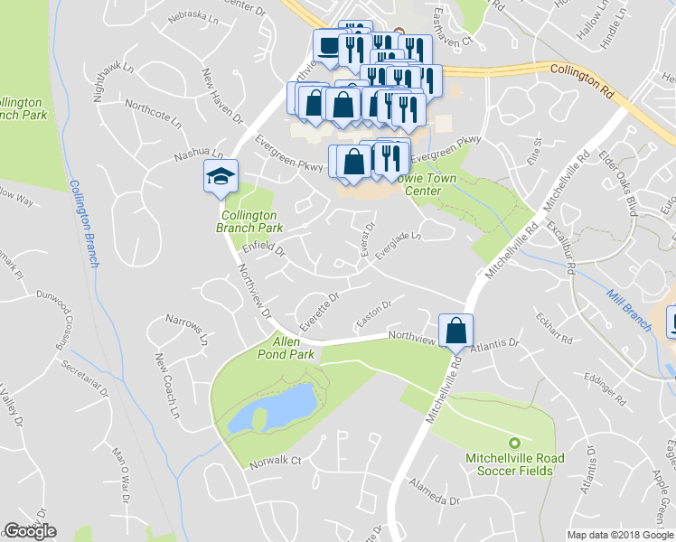 map of restaurants, bars, coffee shops, grocery stores, and more near 3417 Epic Gate in Bowie