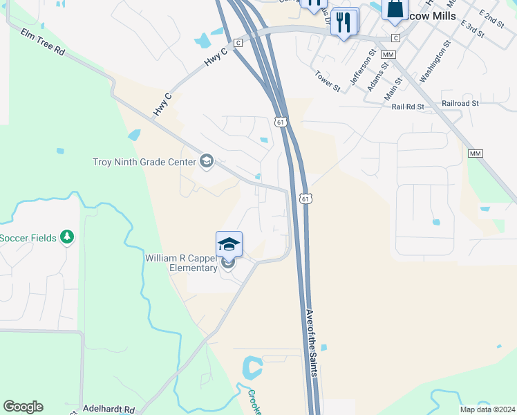 map of restaurants, bars, coffee shops, grocery stores, and more near Elm Tree Commons Drive in Moscow Mills