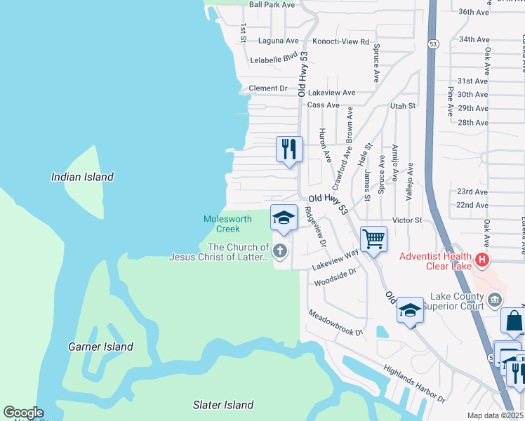 map of restaurants, bars, coffee shops, grocery stores, and more near 6045 Old Highway 53 in Clearlake