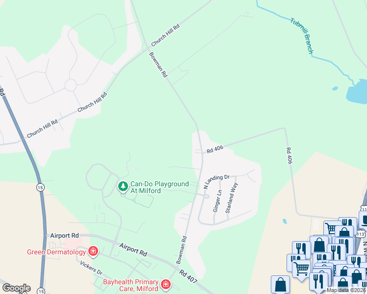 map of restaurants, bars, coffee shops, grocery stores, and more near 629 Bowman Road in Milford