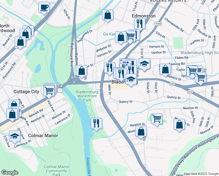map of restaurants, bars, coffee shops, grocery stores, and more near 4006 48th Street in Bladensburg