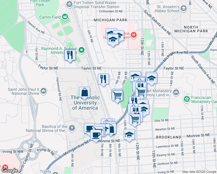 map of restaurants, bars, coffee shops, grocery stores, and more near 3920 7th Street Northeast in Washington