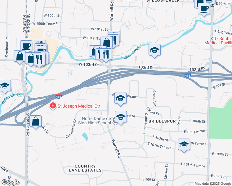 map of restaurants, bars, coffee shops, grocery stores, and more near 326 West 104th Terrace in Kansas City