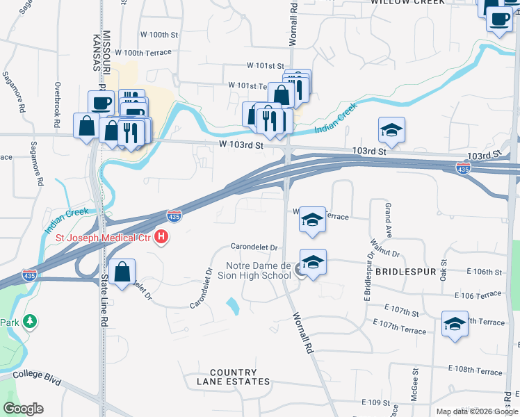map of restaurants, bars, coffee shops, grocery stores, and more near 435 West 104th Street in Kansas City