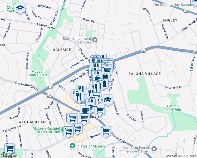 map of restaurants, bars, coffee shops, grocery stores, and more near Old Chain Bridge Road in McLean