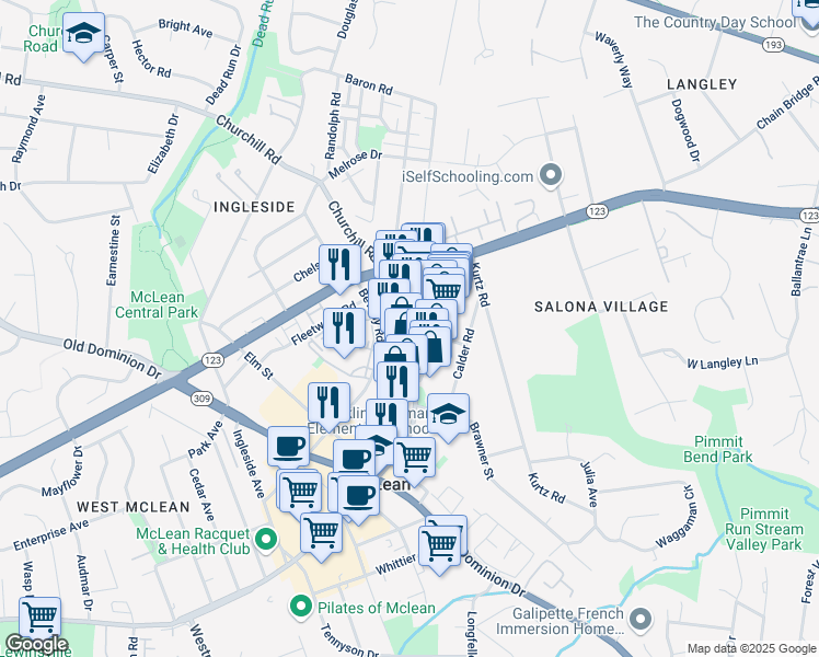 map of restaurants, bars, coffee shops, grocery stores, and more near Old Chain Bridge Road in McLean